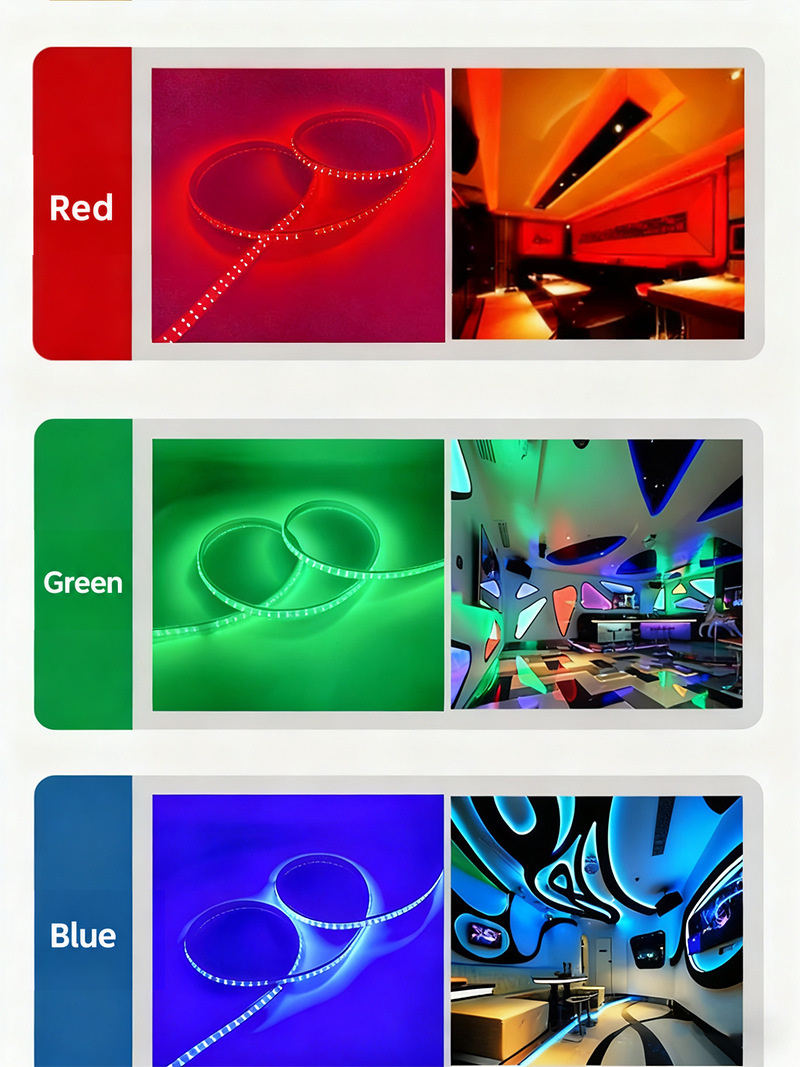 Separate red, green and blue strip-lighting examples.