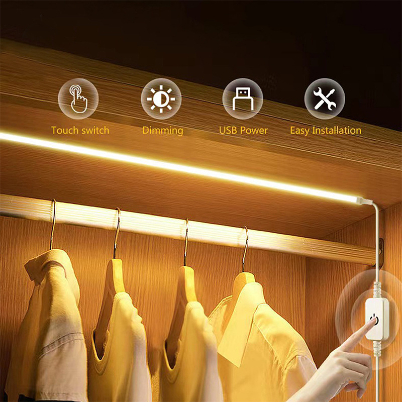 Touch-controlled lighting inside a wardrobe.