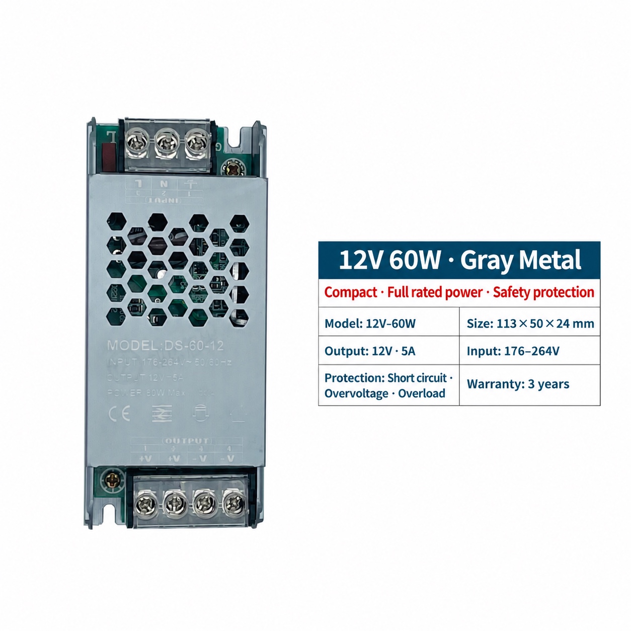 12V / 24V Slim LED Power Supply Range - 12V 5A 60W metal power supply