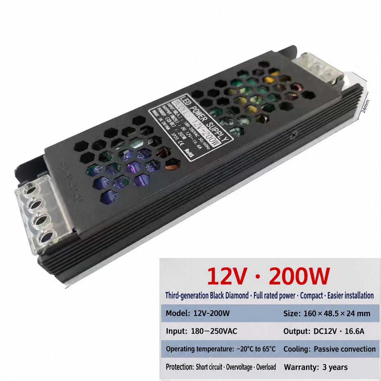12V / 24V Slim LED Power Supply Range - 12V 16.6A 200W metal power supply
