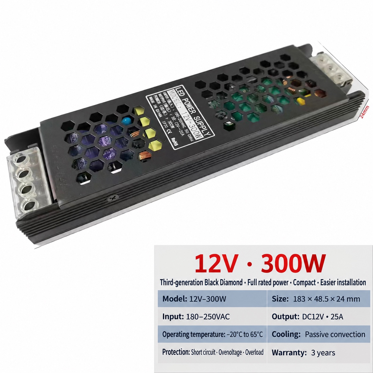 12V / 24V Slim LED Power Supply Range - 12V 25A 300W metal power supply
