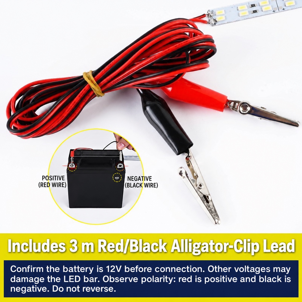 12V U-Channel Rigid LED Bar - product and alligator clip lead view