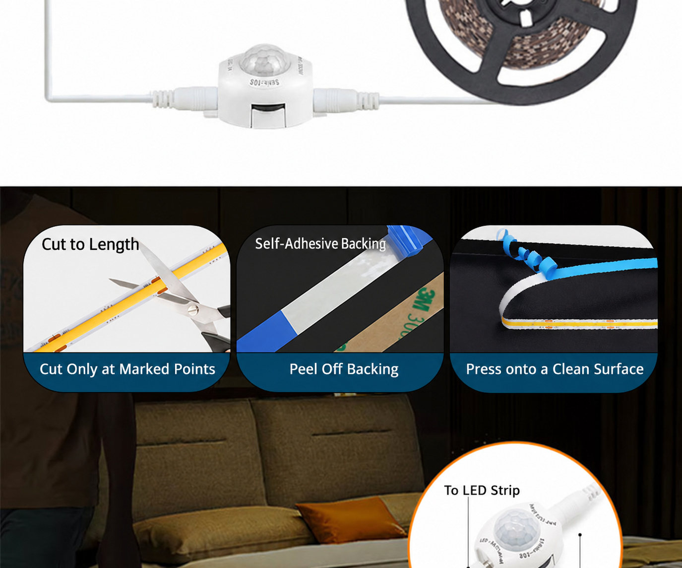 5V USB Motion-Sensor LED Strip System - installation details