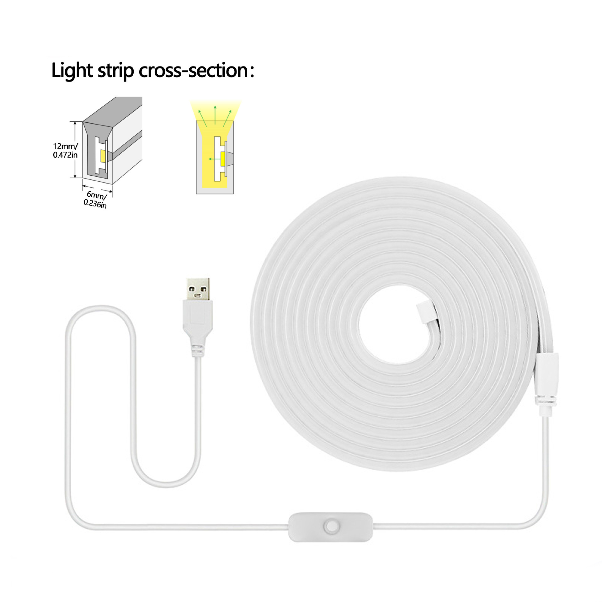 5V USB Flexible Neon Strip with 501 Button Switch - cross-section and set layout