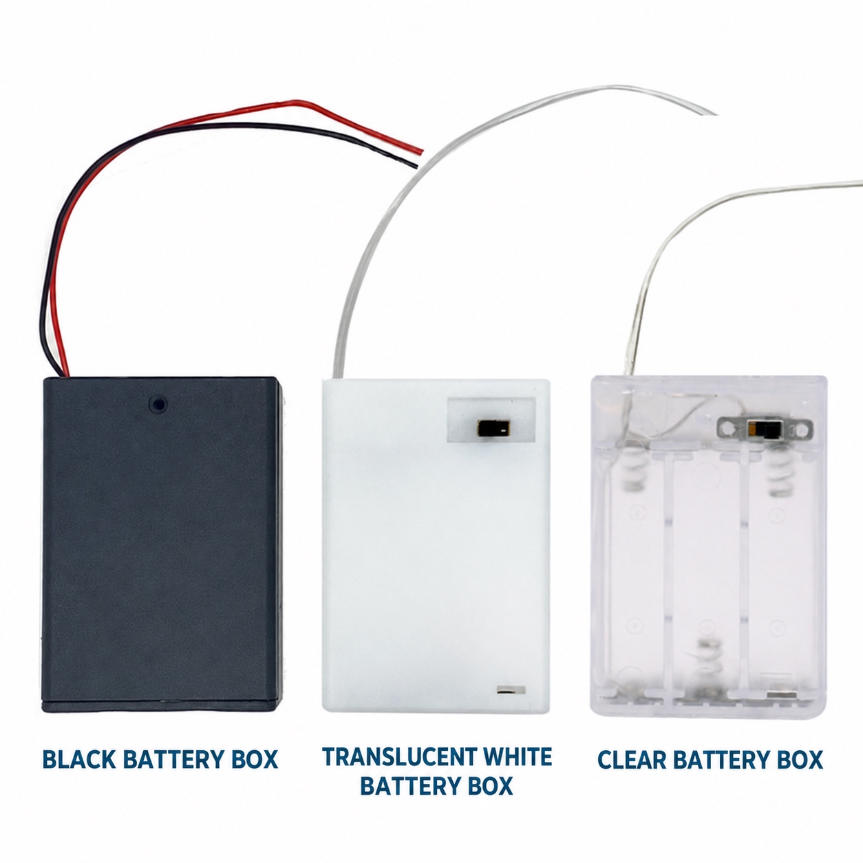 AA and Button-Cell Battery Box Range - black translucent and clear battery boxes