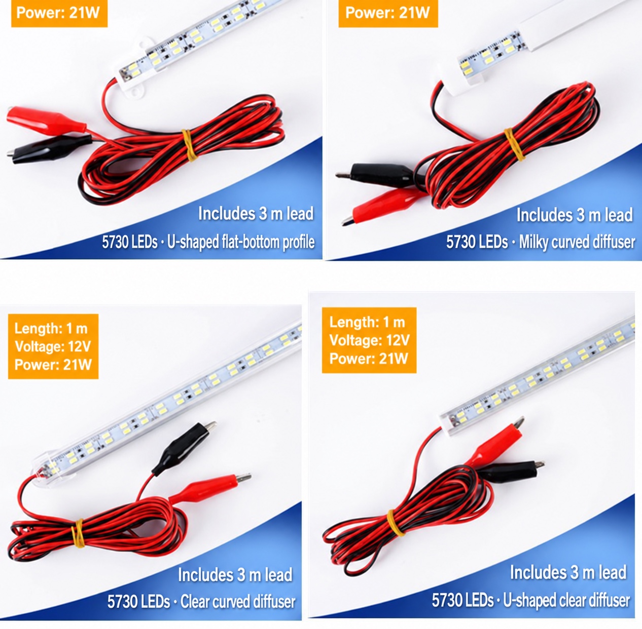 Rigid LED Bar with Battery-Clamp Lead - four profile configuration selection