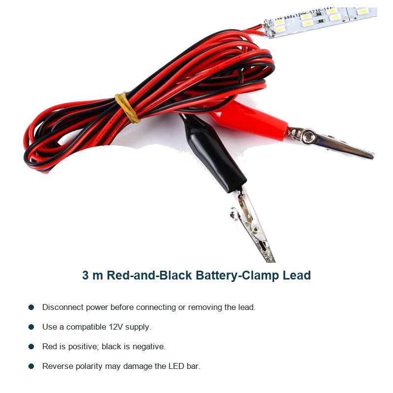 Three-metre red and black battery-clamp lead for the 12V rigid LED bar
