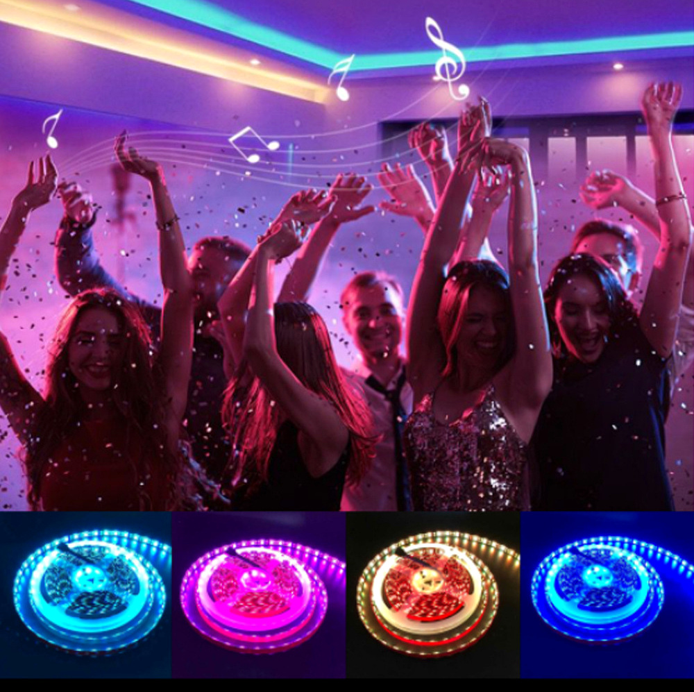 Party scene above blue, pink, red and cyan LED strip reels