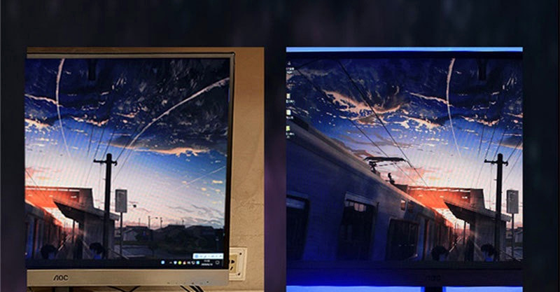 Monitor backlighting shown before and after the LED strip is switched on