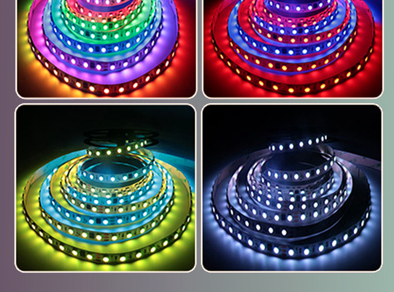 Four lit addressable RGB LED strip reels showing multicolor patterns