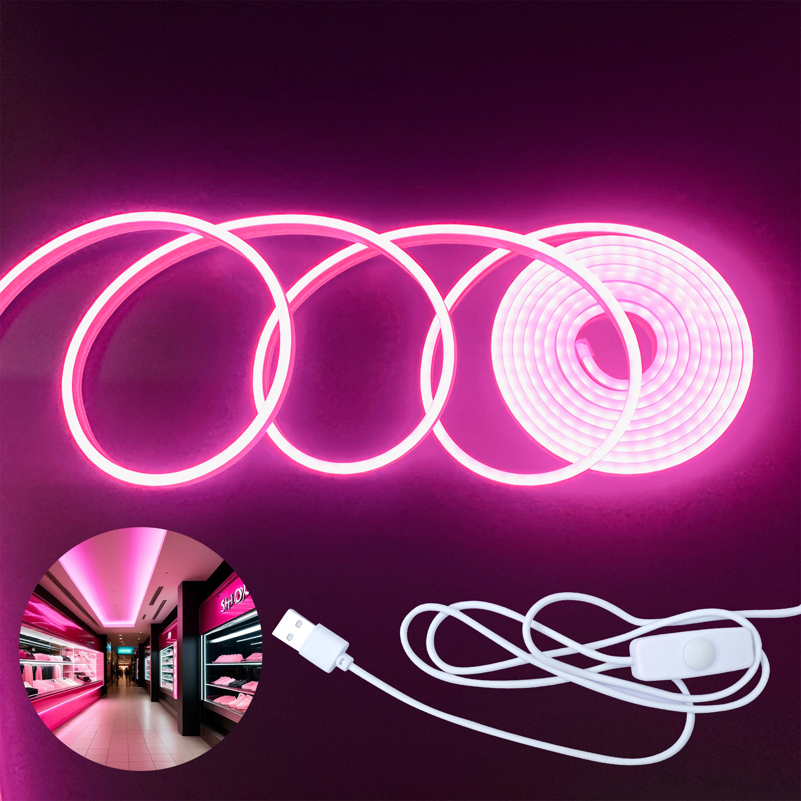 Pink flexible neon strip with USB button-switch lead