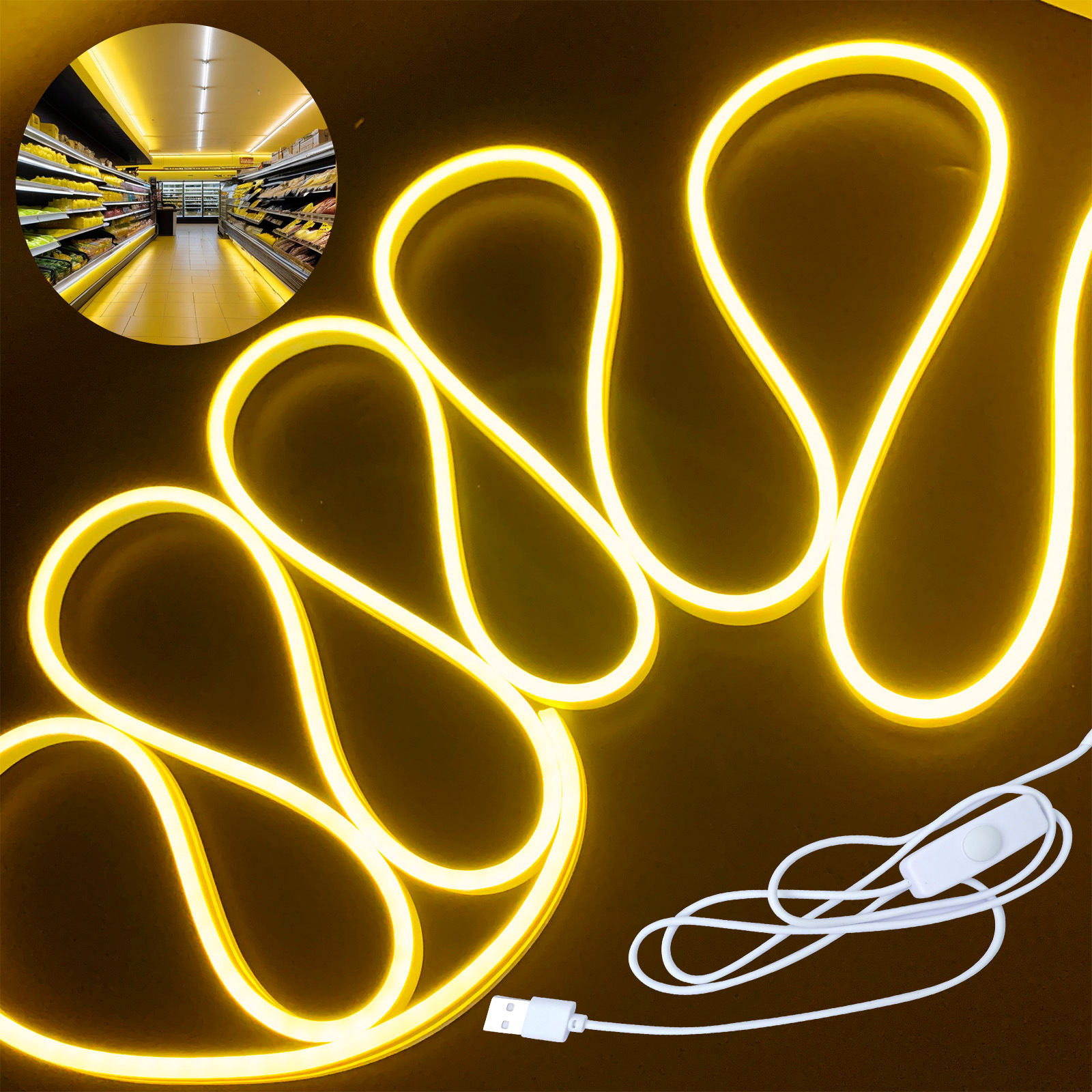 Warm-yellow flexible neon strip lit in a looped layout