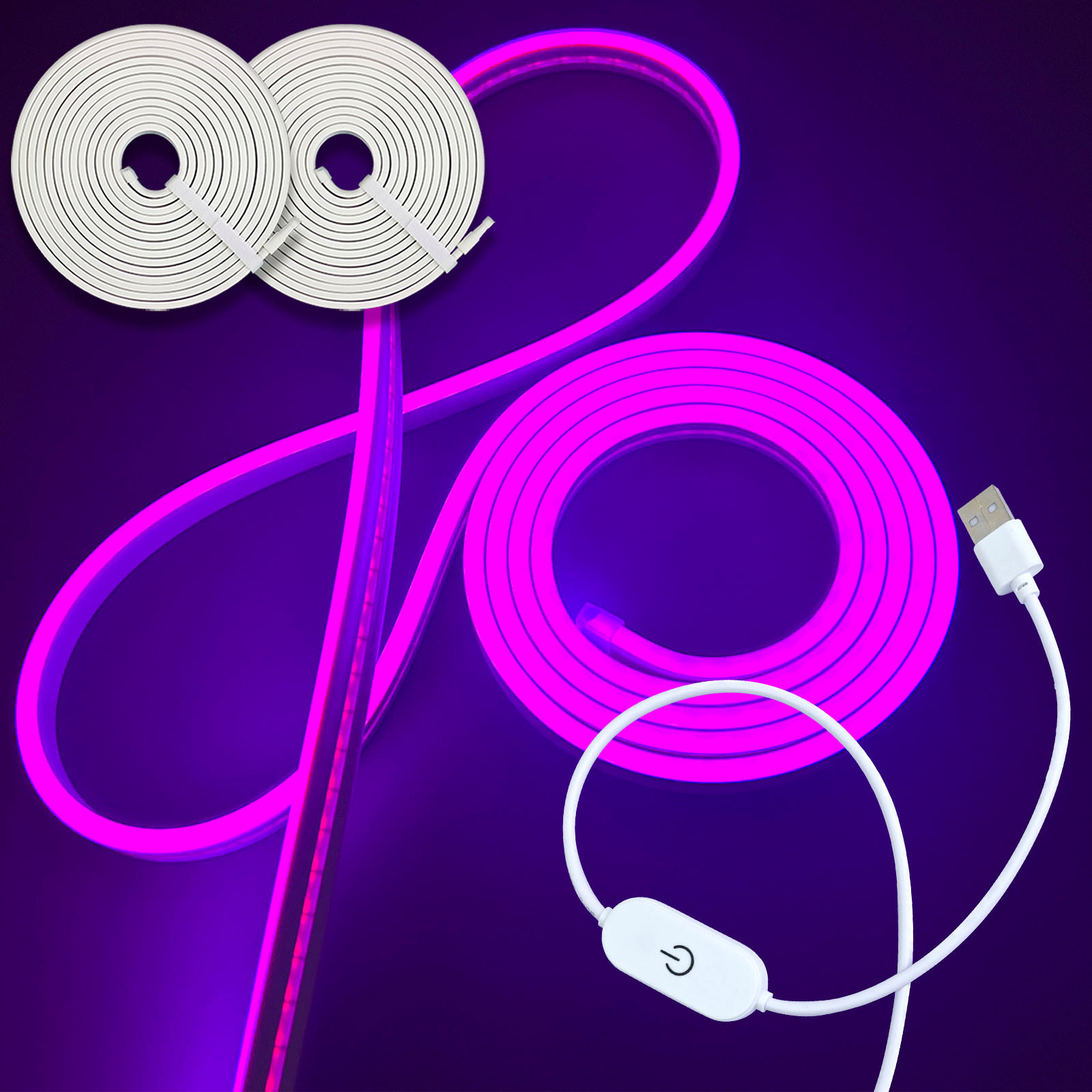 Pink flexible neon strip and inline button-switch arrangement