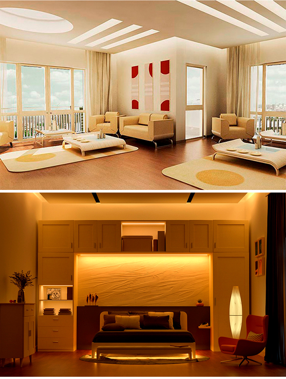 Inline-controlled lighting in living-room and bedroom settings