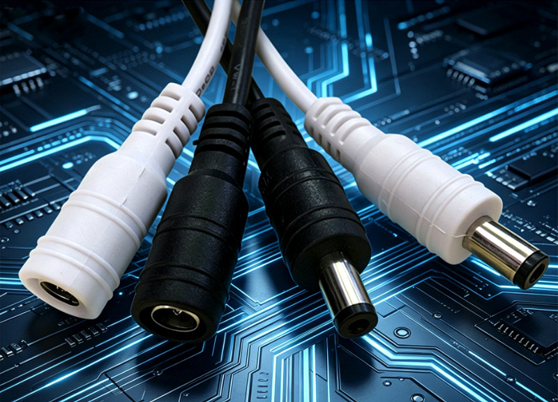 Black and white 5.5 by 2.1 mm DC connectors with copper-core leads