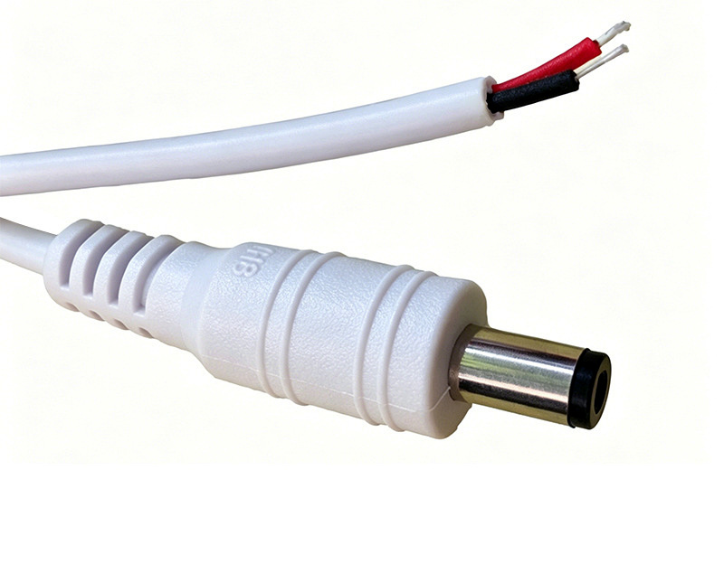 White DC male connector lead with stripped conductors