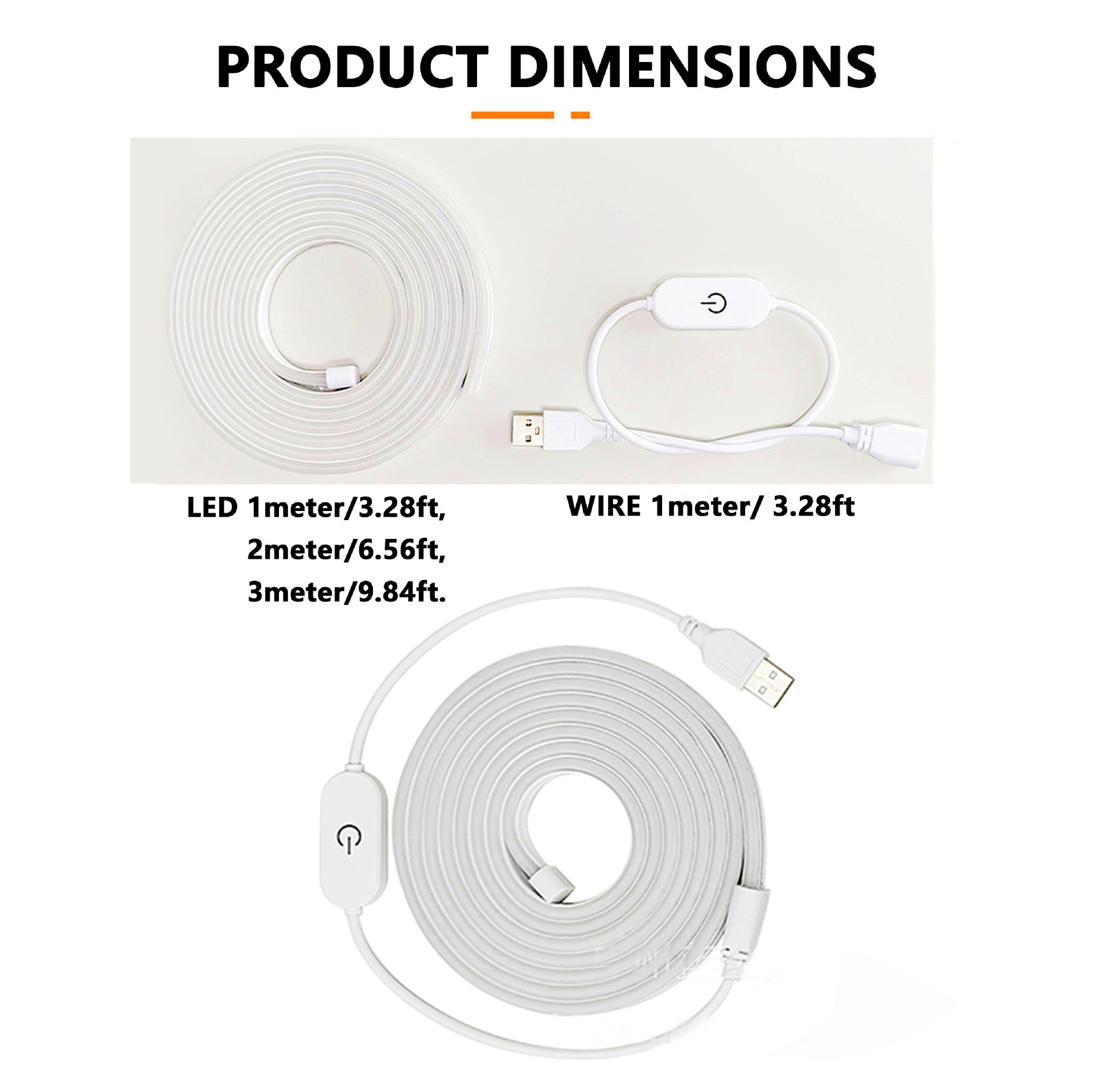 One, two and three metre flexible neon kits with one metre USB lead