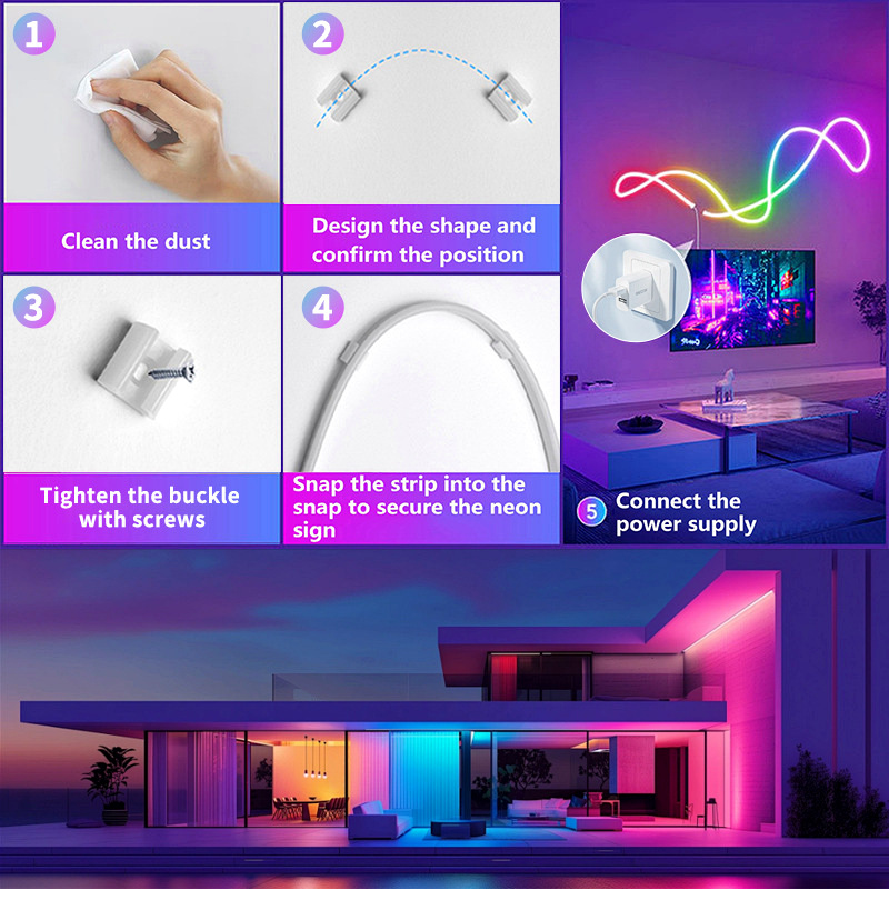 Clean, clip, fasten and connect sequence for flexible neon installation