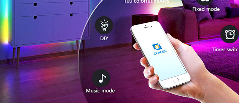 RGBIC lighting controlled by app with DIY, color, music and timer modes