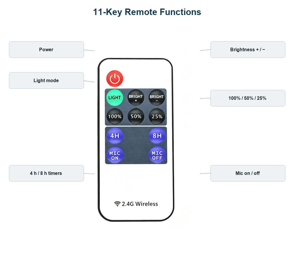 11-key remote with power, light, brightness, timer and microphone controls