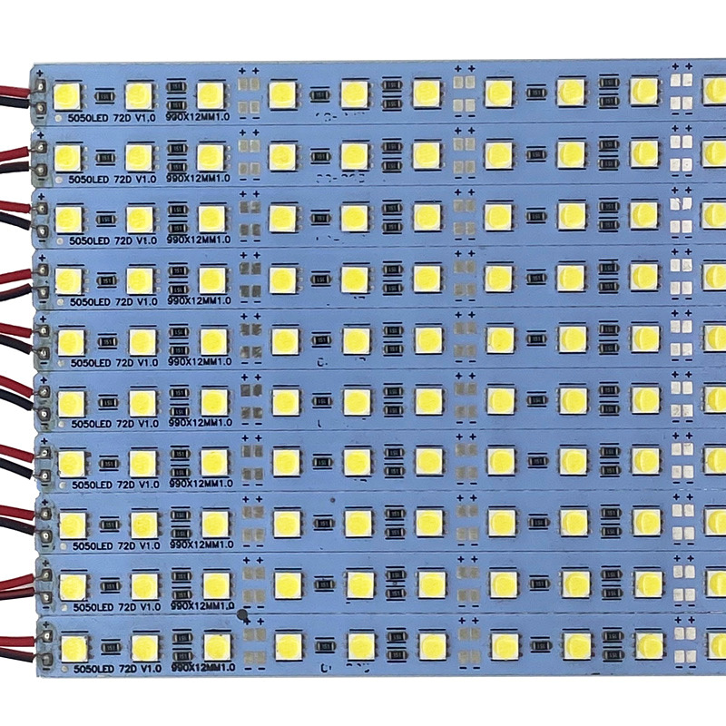 Close view of 5050 LEDs and wiring on a rigid bar