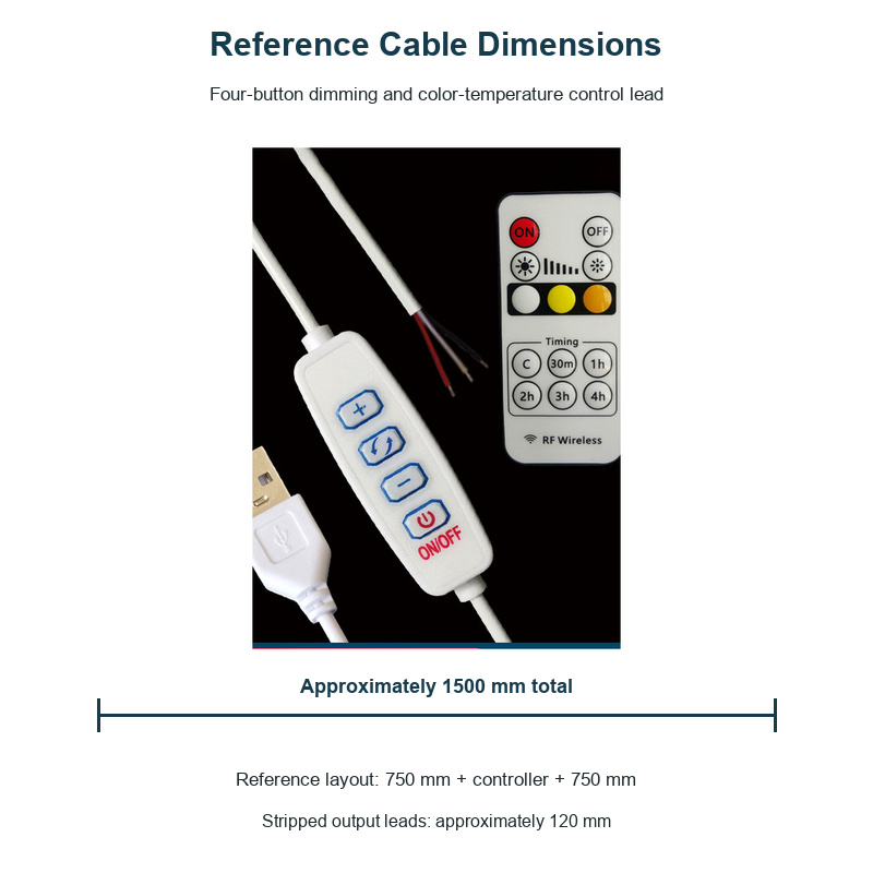 Reference dimensions for a 1.5 metre USB four-button control cable
