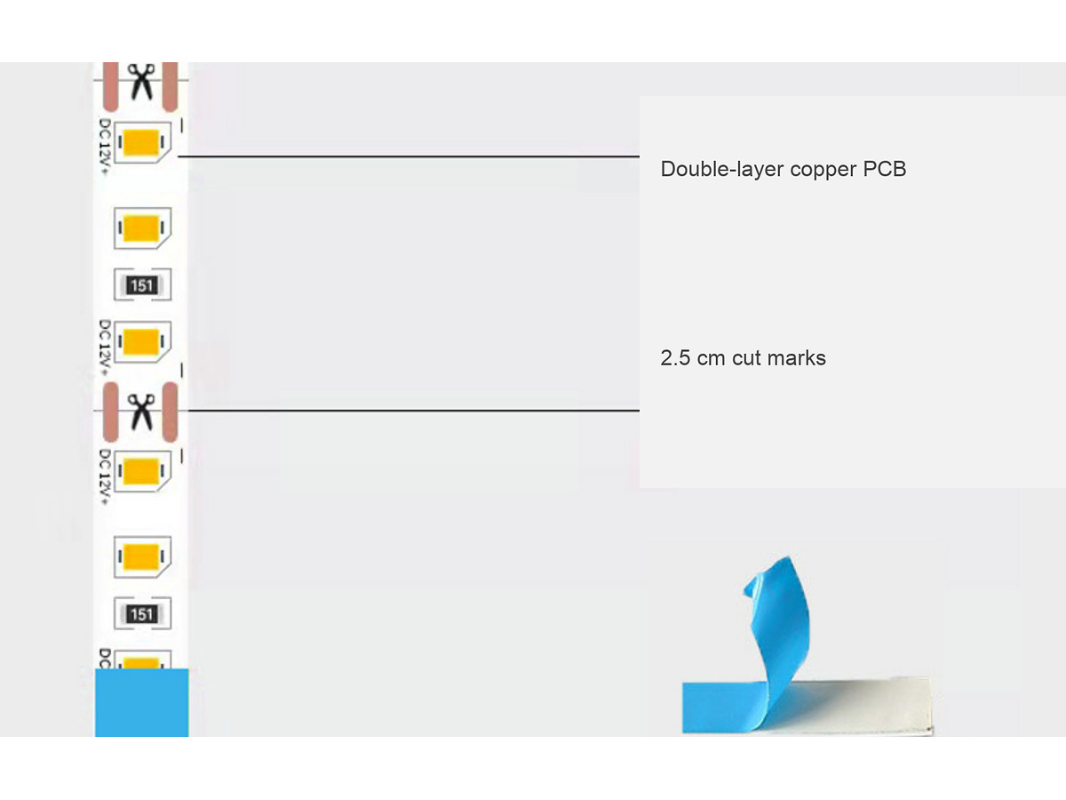 Pcb cut mark detail for the 12 V, 8 mm, 2835 strip with 120 LEDs/m