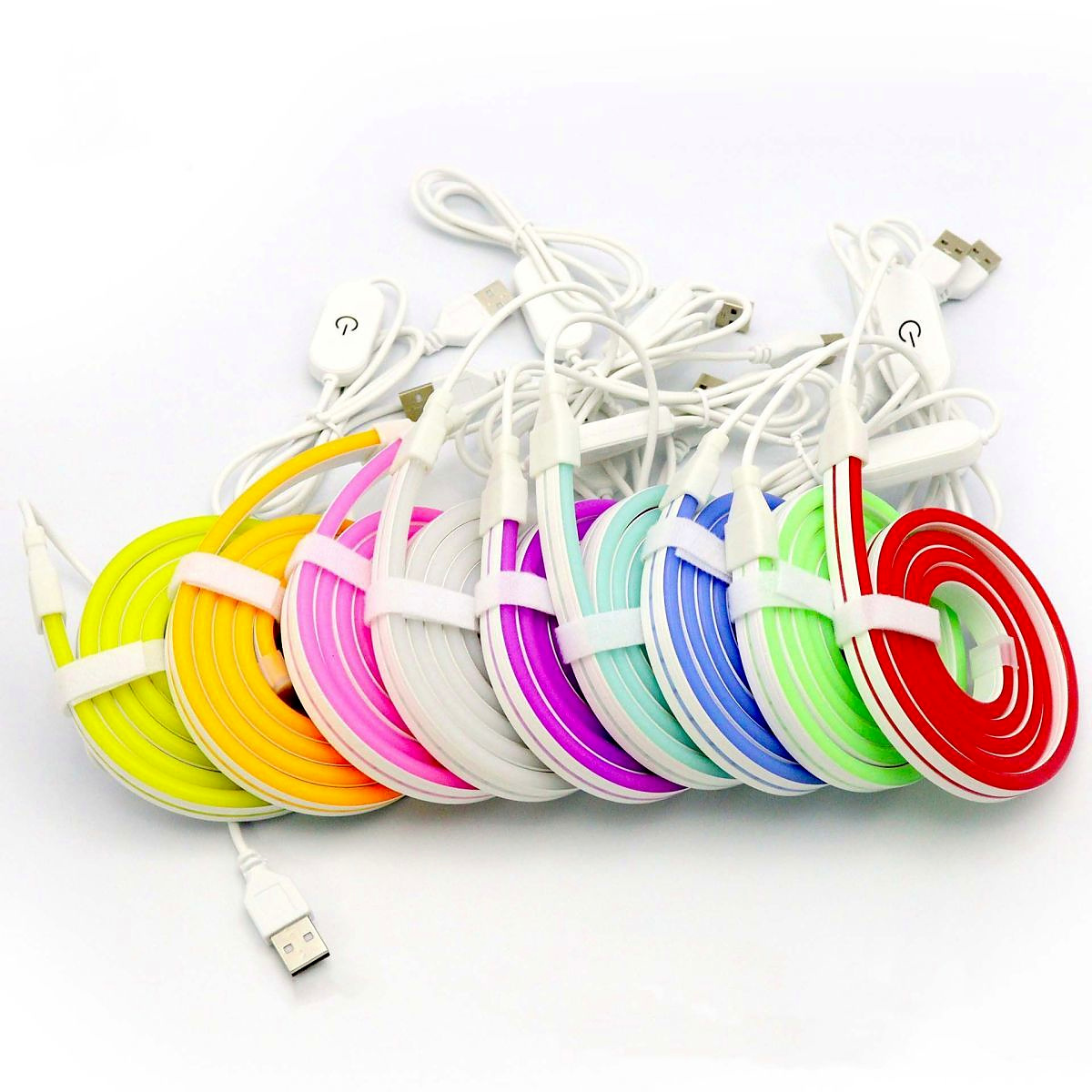 Separate fixed-color USB touch-control neon flex options arranged side by side