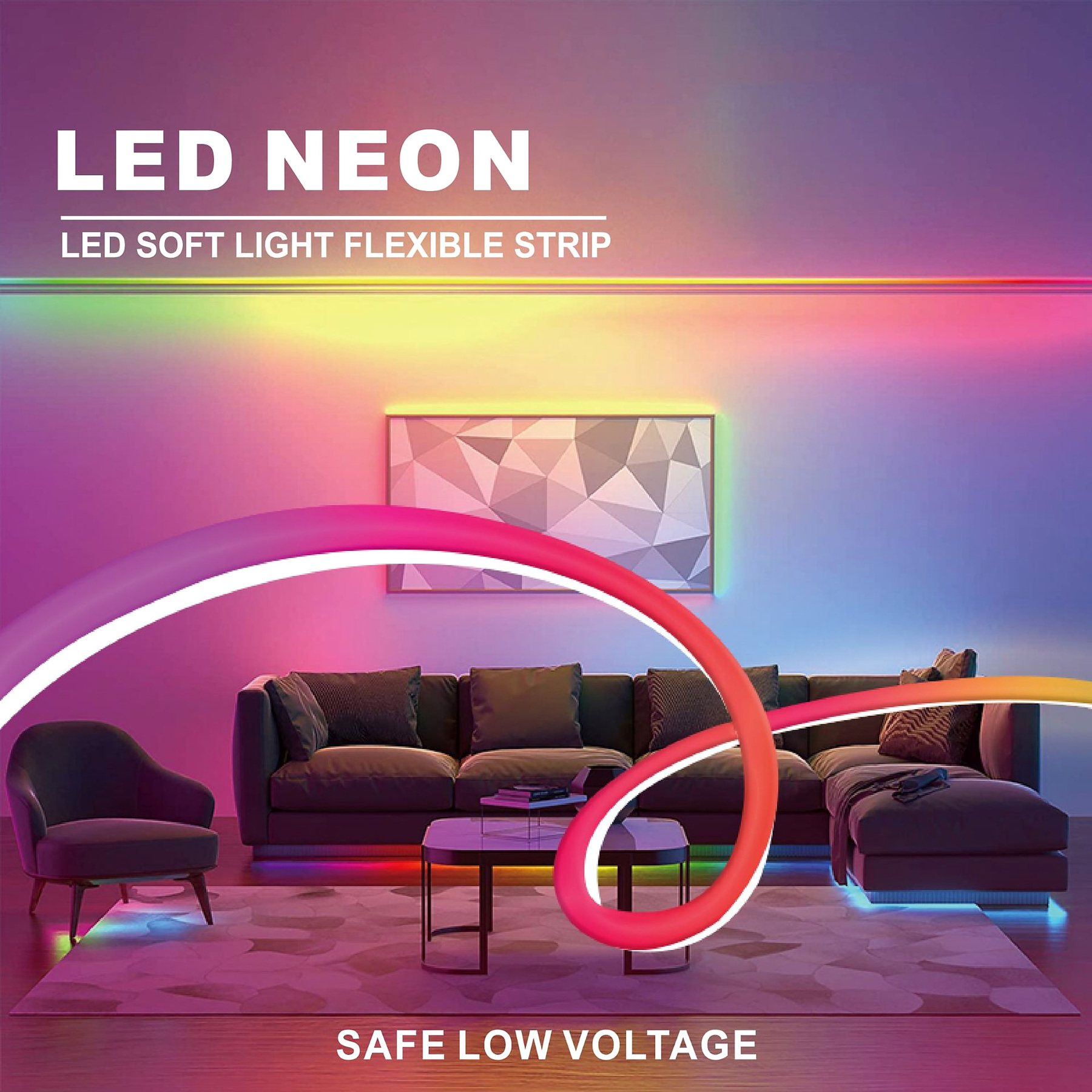 Interior lighting application illustrating placement or visible light appearance for the 5 V RGB neon-flex kit family