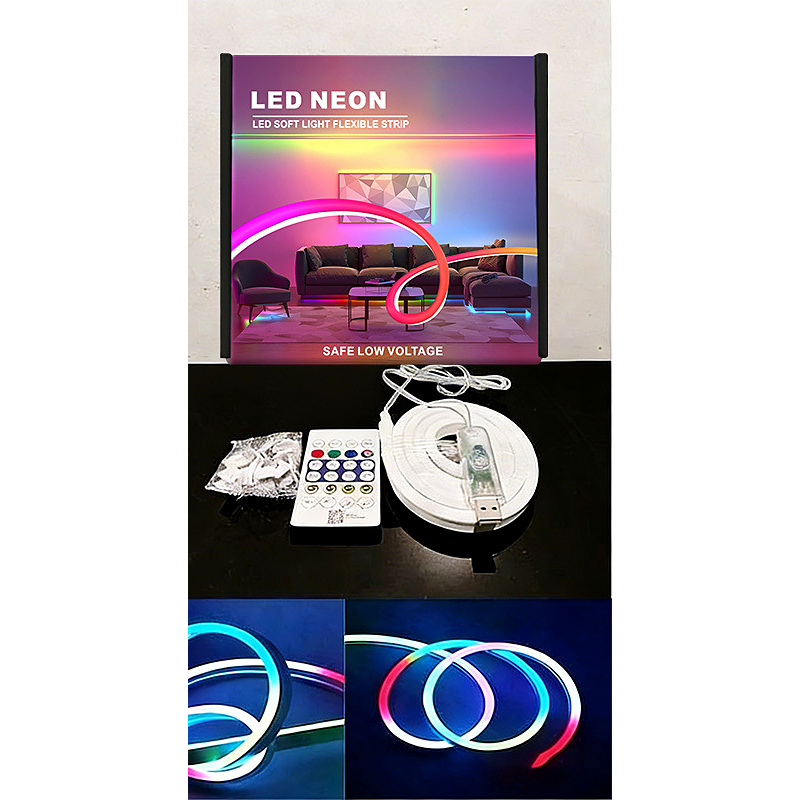 1 m 5V RGB neon flex kit with remote, controller and visible mounting components