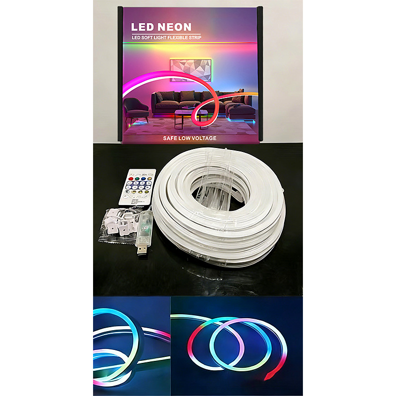 10 m 5V RGB neon flex kit with remote, controller and visible mounting components