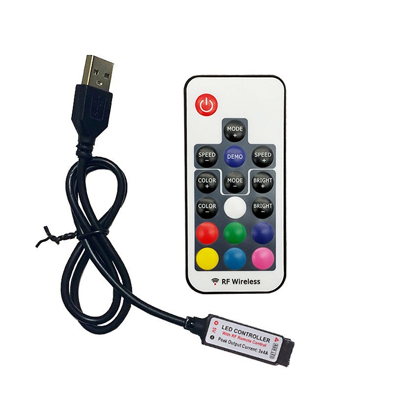 Main product image for the 17-key RF RGB controller family with USB- or DC-lead configuration as shown