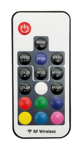 Complete 17-key RF remote with all keys and housing visible; the controller fragment is excluded