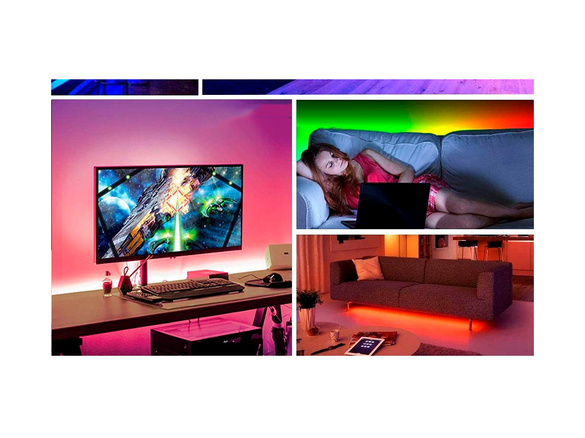 Rgb lighting applications illustrating placement or visible light appearance for the 17-key RF RGB controller family with USB- or DC-lead configuration as shown