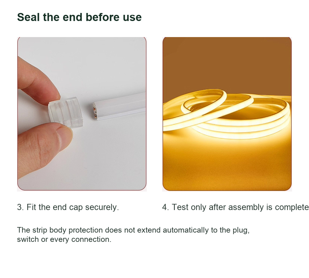 End-cap installation steps and a completed warm-white COB strip check