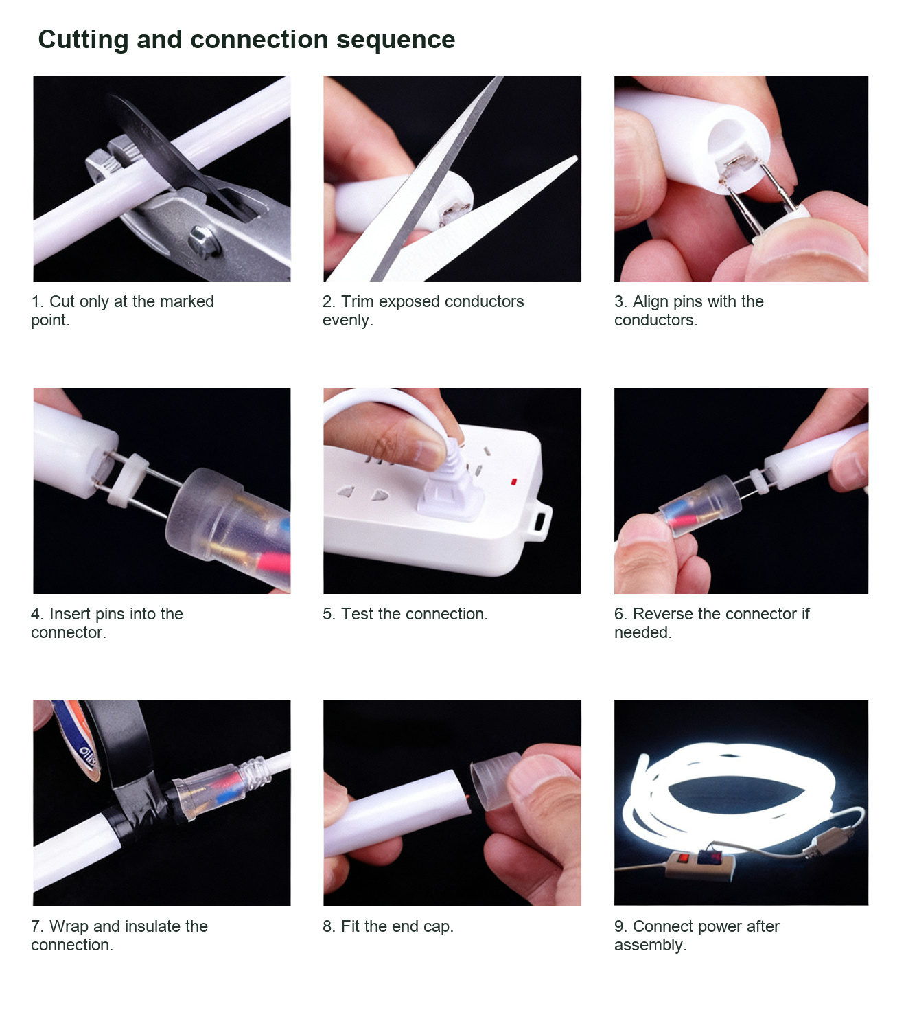Cutting and connection sequence for a 220V round neon flex system with a compatible plug