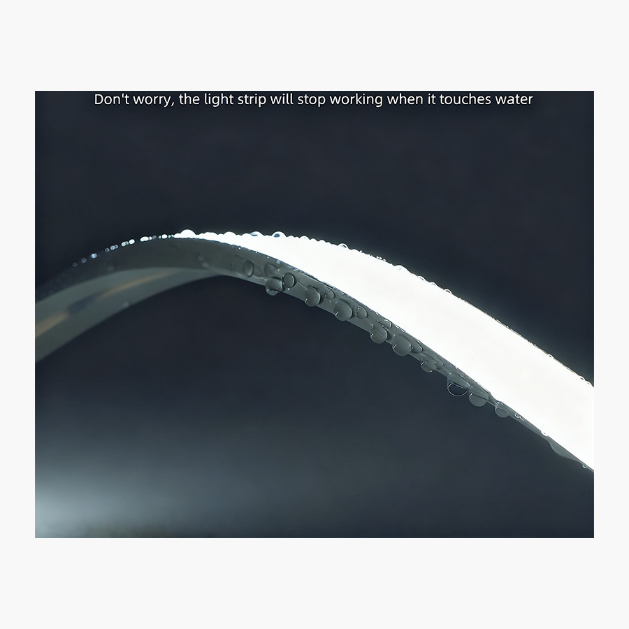 Lit neon flex body with water droplets in an IP65 construction illustration