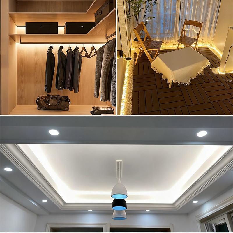 COB neon flex shown in wardrobe and ceiling-lighting application illustrations