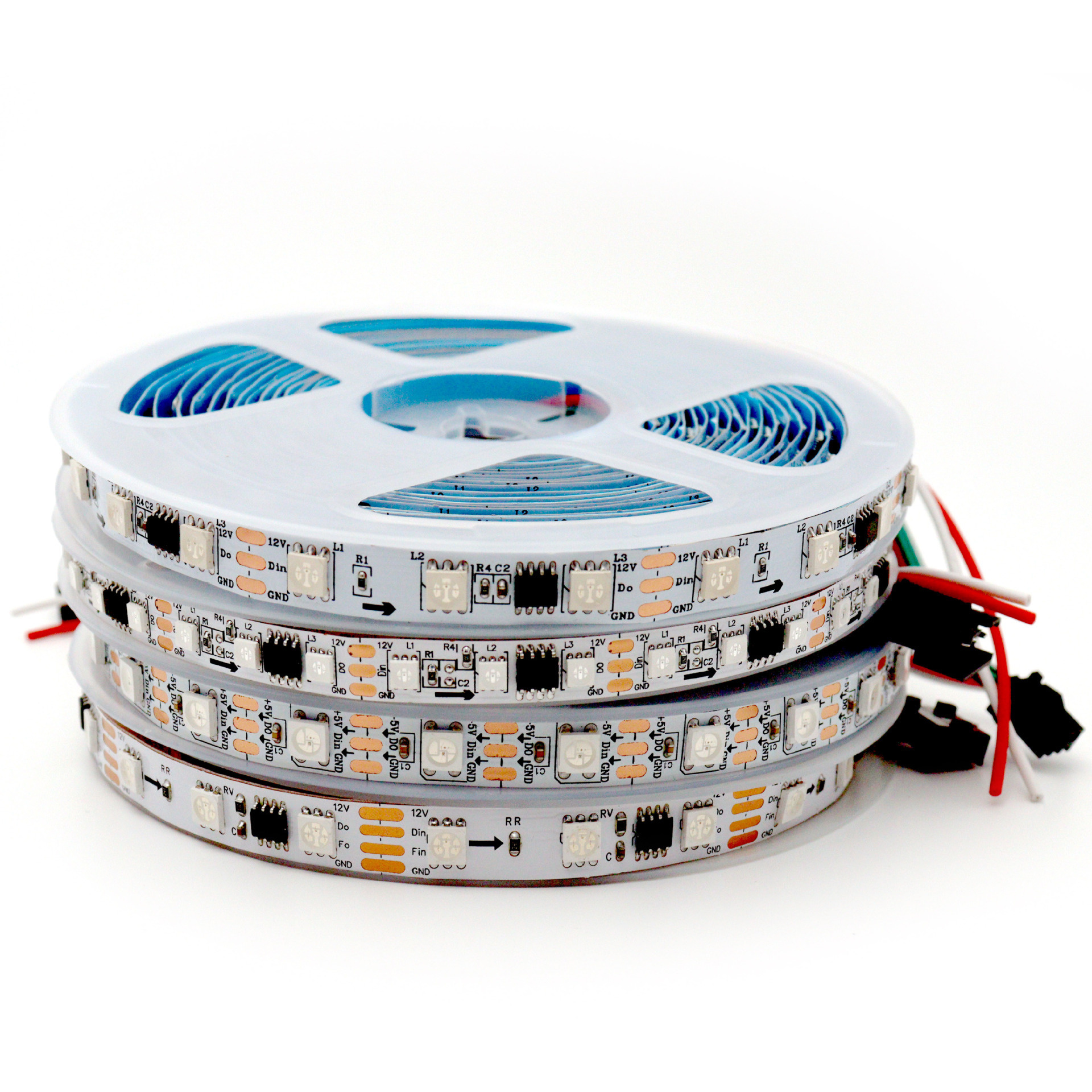 Coiled white-PCB addressable RGB flexible LED strips with wired connectors