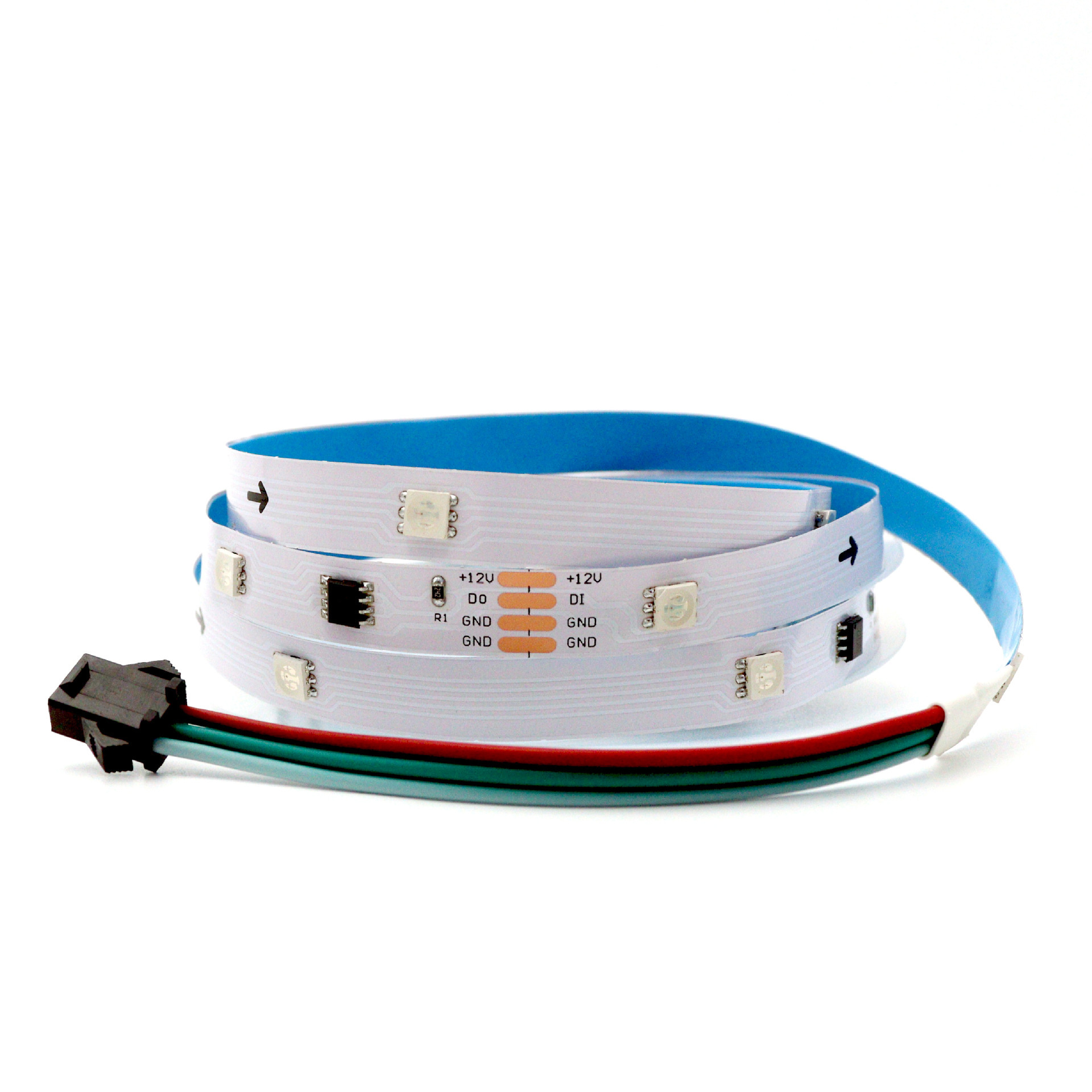 Narrow white-PCB addressable LED strip with a three-wire connector