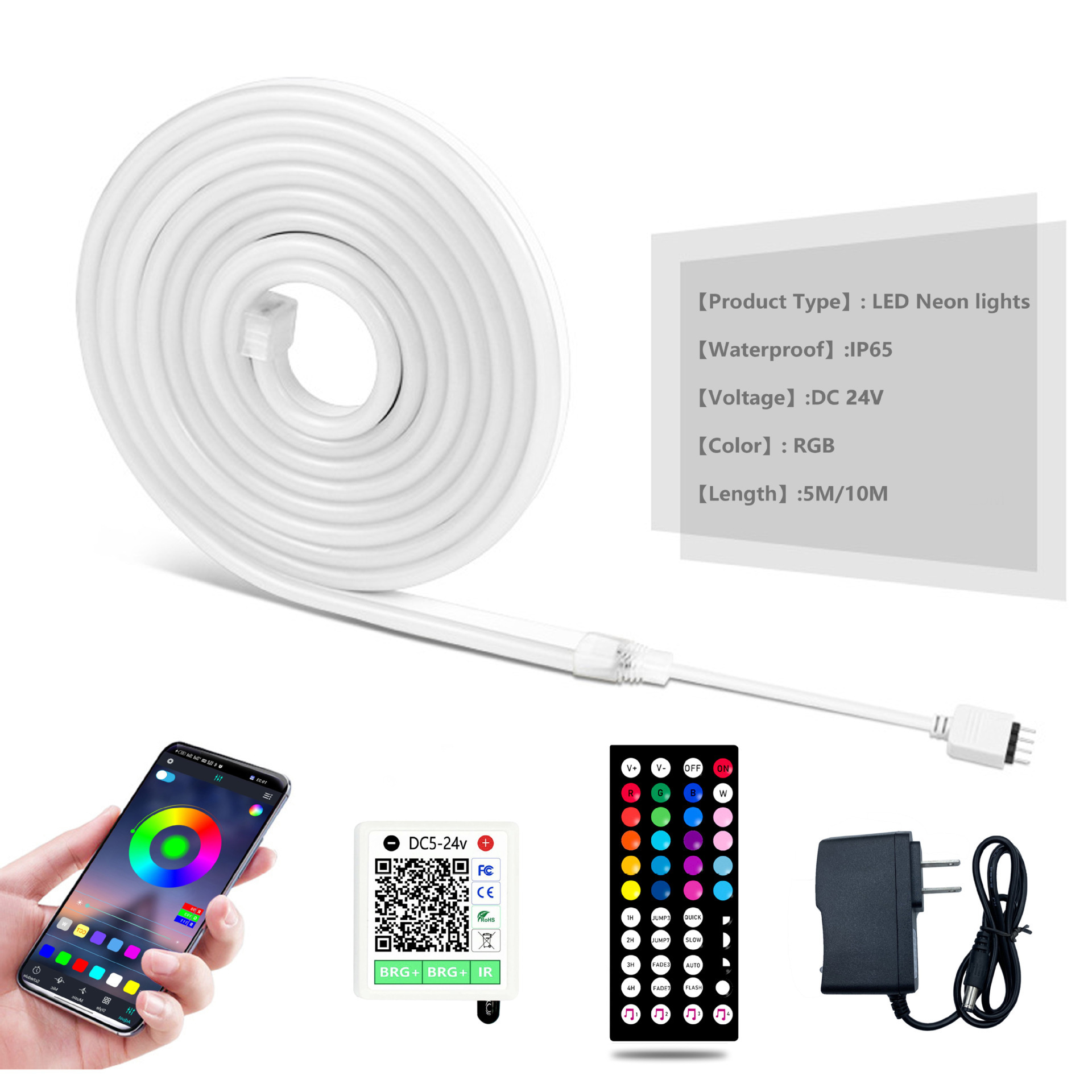 Complete 24V RGB neon flex kit with app controller, IR remote and power adapter