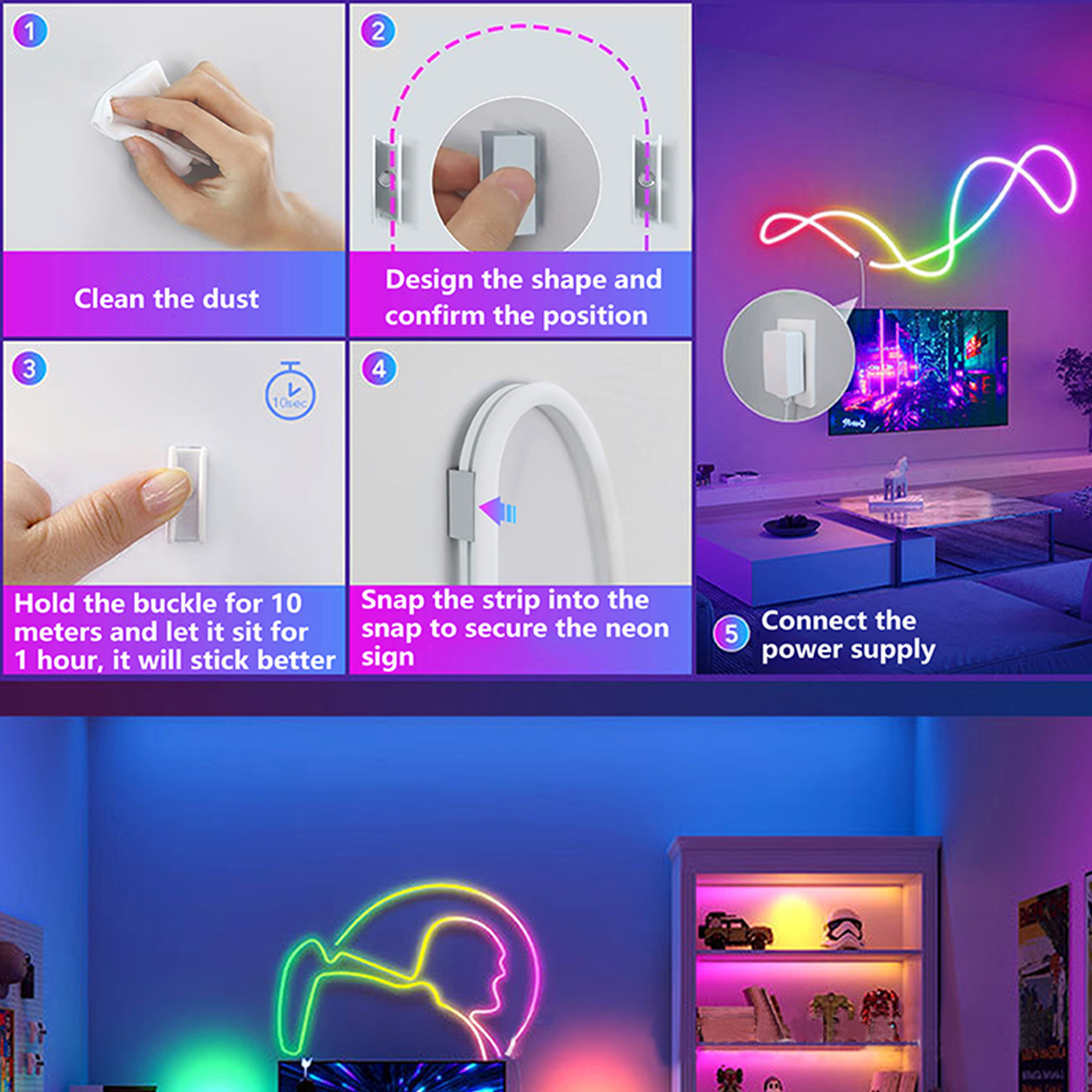 Five-step mounting sequence for shaping and clipping RGB neon flex