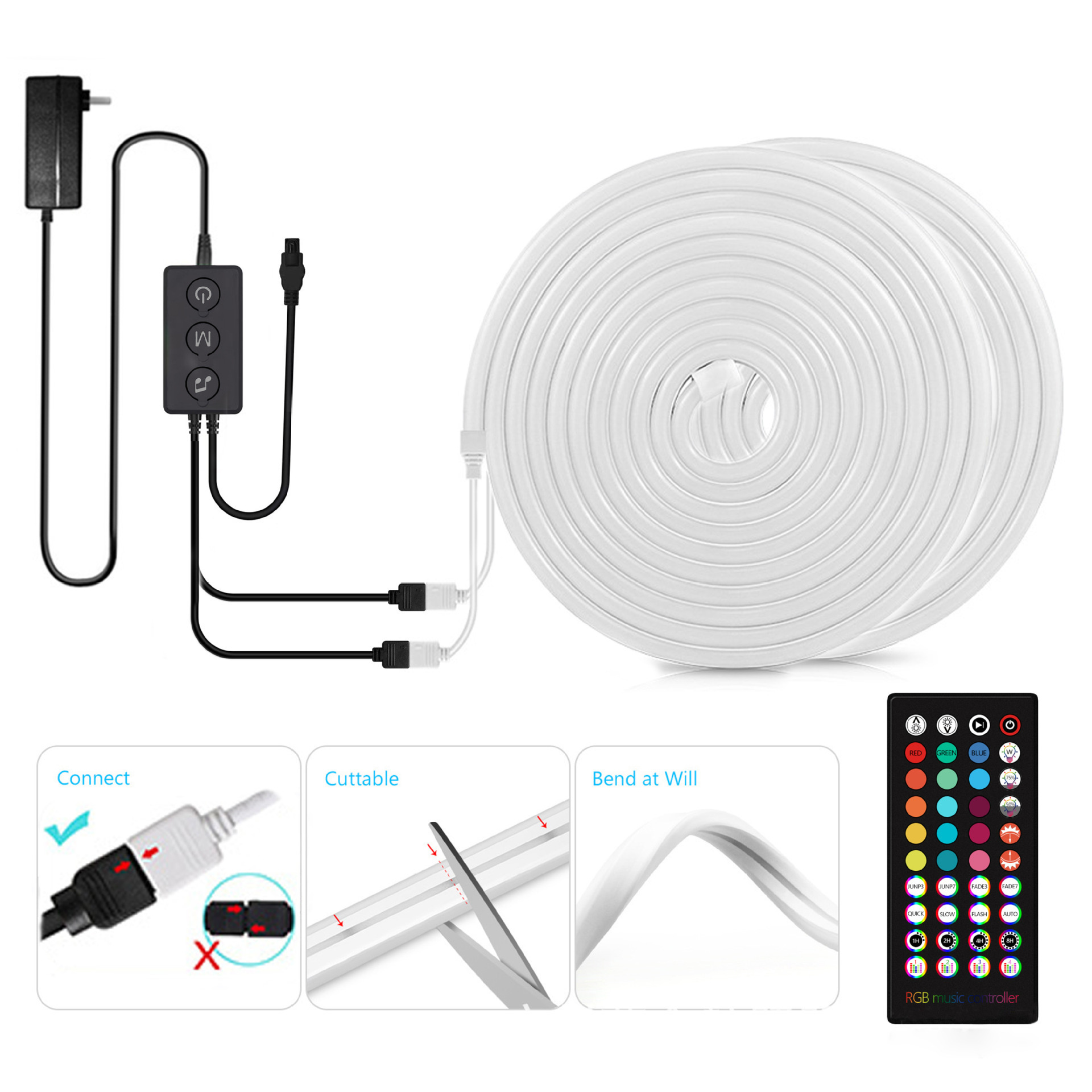 RGB neon flex kit with controller, remote and power adapter plus connector details
