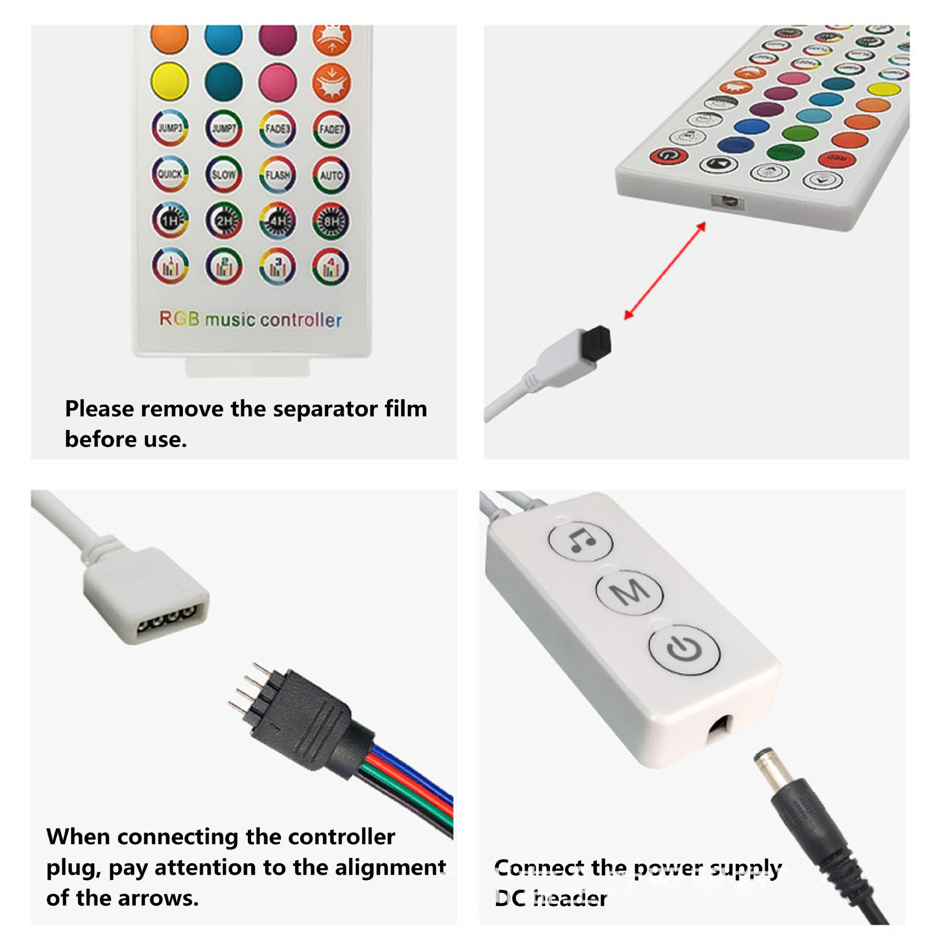 Controller plug, arrow alignment and power-connection instructions