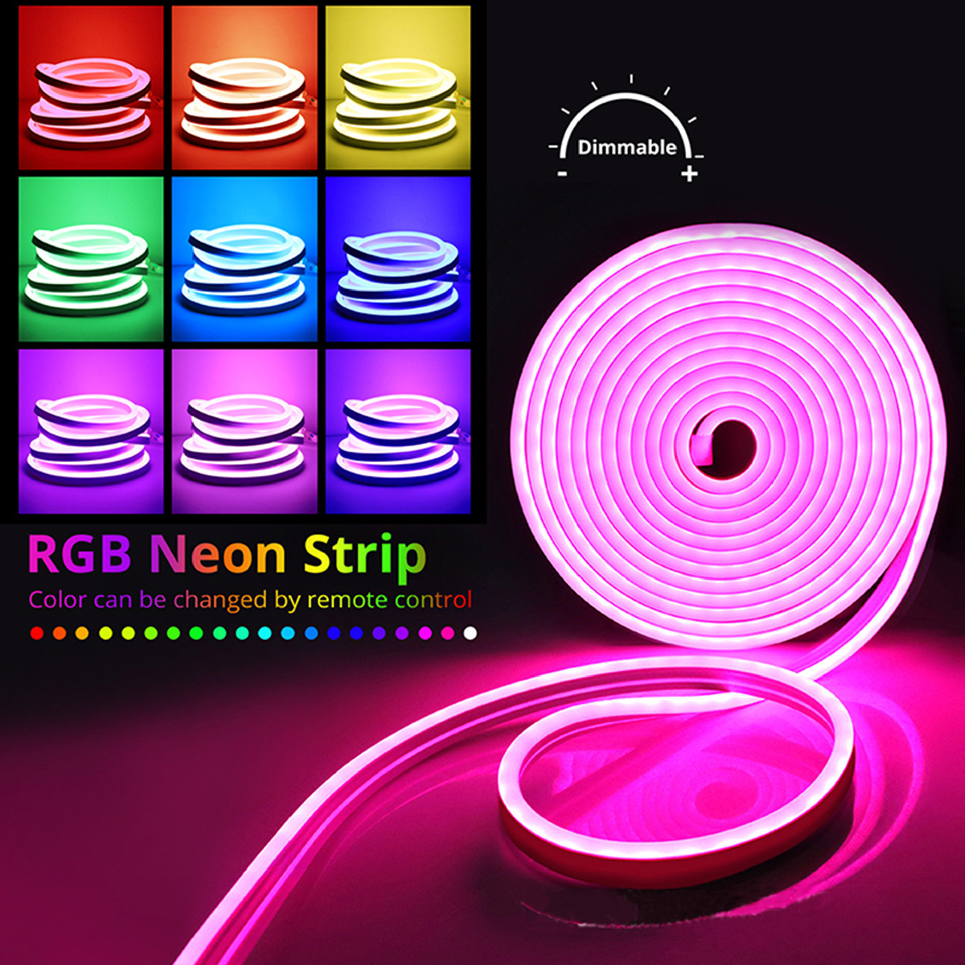 RGB neon flex shown in multiple lit colors and a coiled light-line view