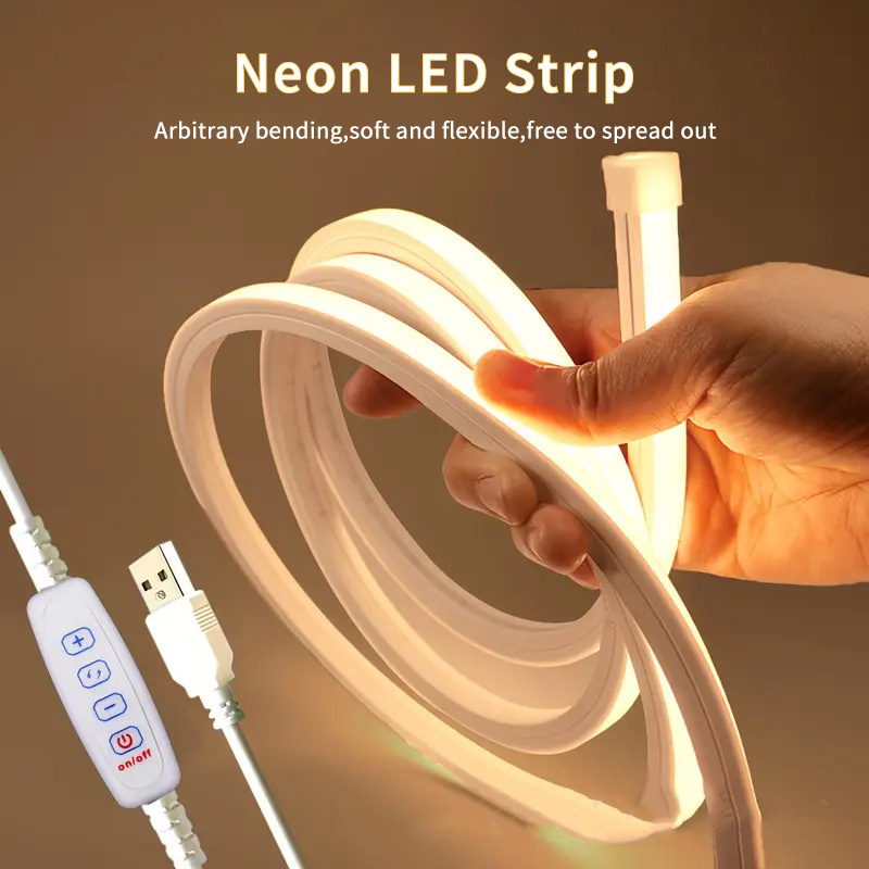 Lit 5V USB neon flex bent by hand beside its USB plug and four-key inline controller