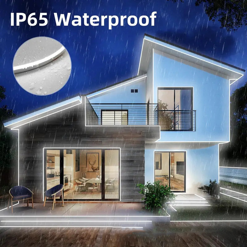 Lit neon flex on a house exterior in an IP65 protection illustration