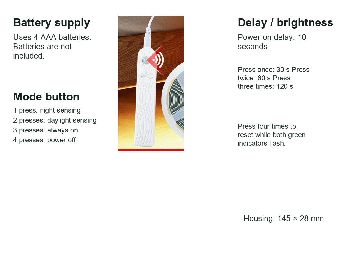 Motion-sensor control panel showing battery supply, sensing modes, delay and brightness controls