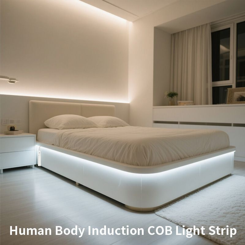 Under-bed placement illustration with a lit COB strip around the bed base