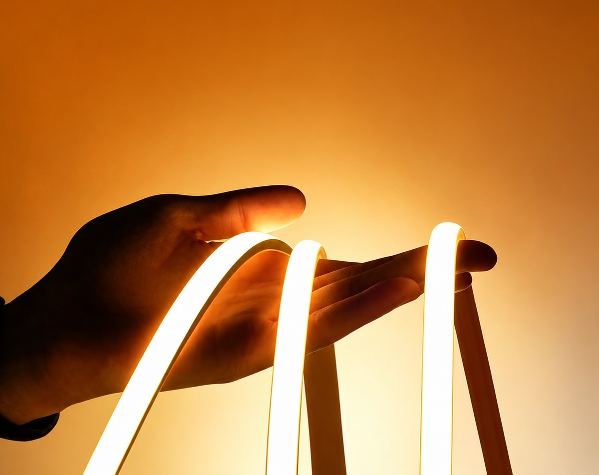 Warm-white flexible COB strip bending through a person's hands